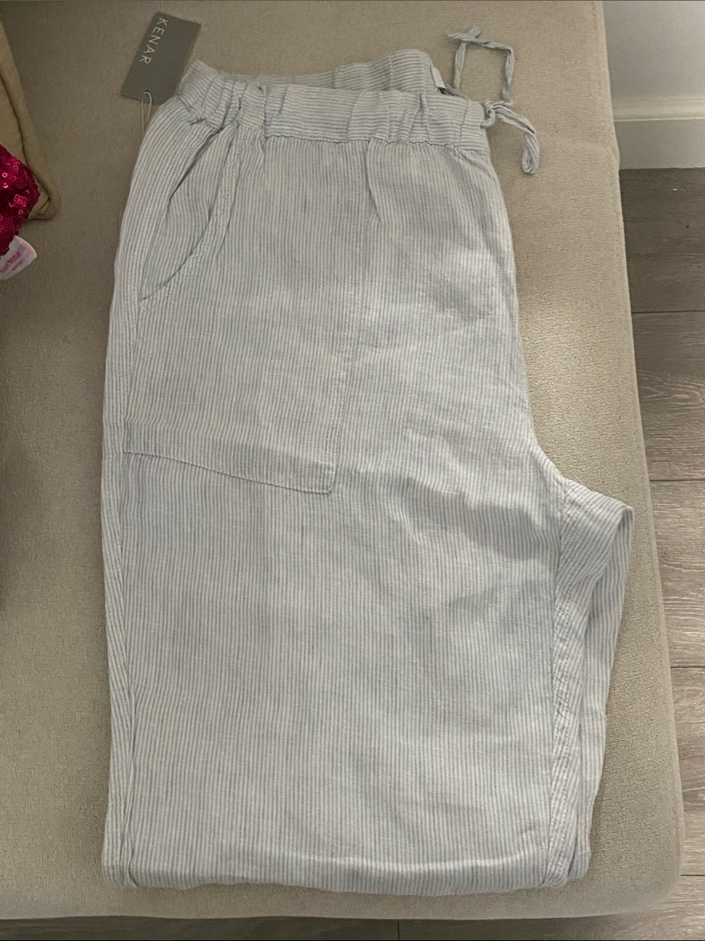 Kenar Light Blue Pinstripe Linen-Blend Drawstring Chinos Size Large NWT! 🏷️